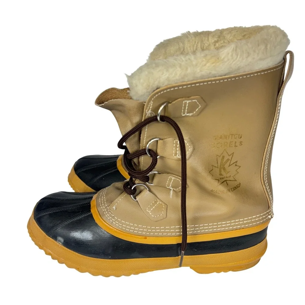 Sorel Snow Boots Tan Brown Leather Heavy Duty Rubber Faux Fur Winter Mens 9